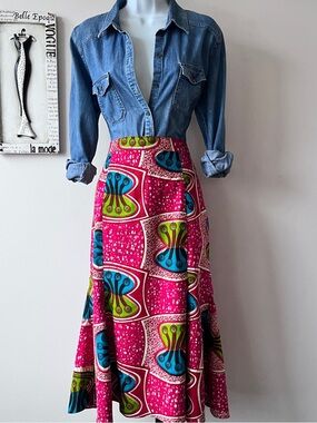 Handmade Bold African Ankara Fuchsia Print Cotton Pencil Trumpet Midi Skirt L/XL